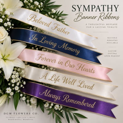 Sympathy banner ribbons with lilies and white flowers