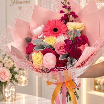 Pink and yellow mixed bouquet wrapped in pink paper with ribbon