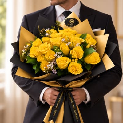 Man holding a bouquet of yellow roses wrapped in black and gold paper