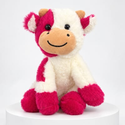 Pink and white plush cow sitting on a white pedestal
