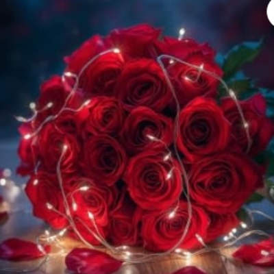 Bouquet of red roses with string lights and scattered rose petals