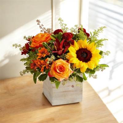 Sunflower and orange rose arrangement in a white wooden box