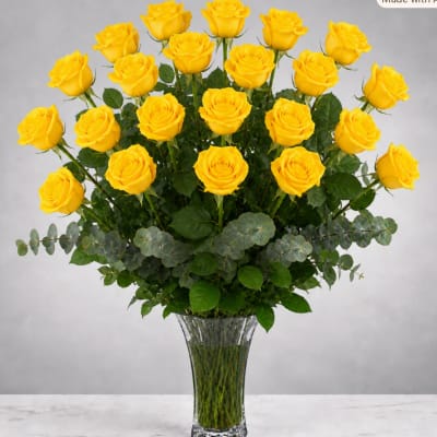 Yellow roses arranged in a clear glass vase with greenery
