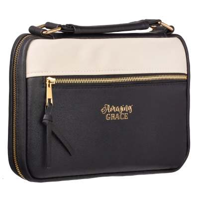 Black and cream zippered carrying case with gold lettering