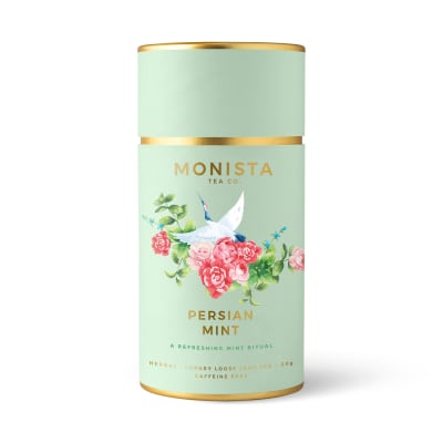 Mint tea tin with floral bird illustration