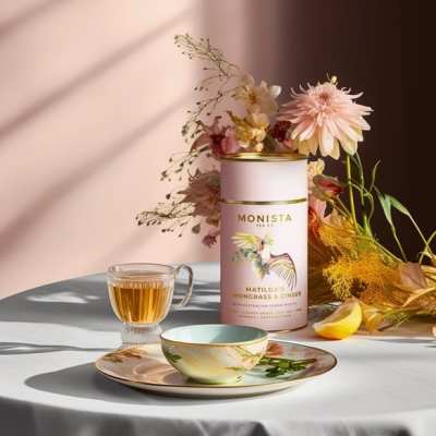 Tea tin with a small floral arrangement and a cup on a saucer