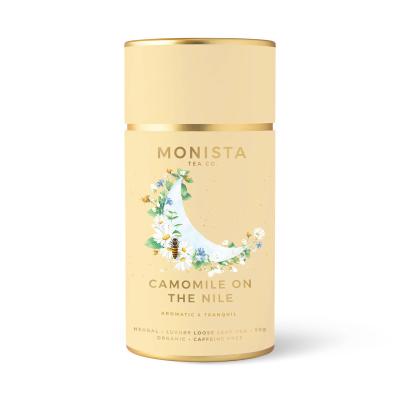 Camomile tea tin with floral label and gold lid