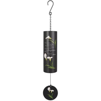Black cylindrical wind chime with white calla lily artwork and a memorial verse.