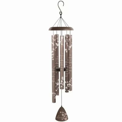Brown metal wind chime with white memorial text and butterfly designs
