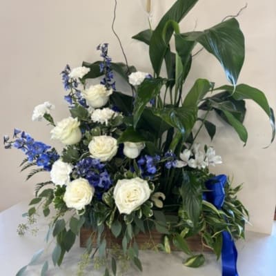 White roses and blue flowers arranged with tall green foliage in a wooden box
