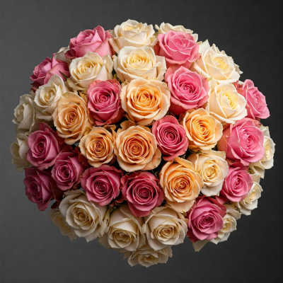 Round bouquet of pink, peach, and cream roses