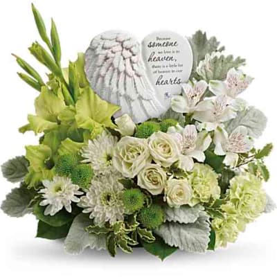 White and green sympathy bouquet with a memorial angel plaque