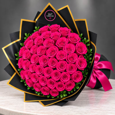 Large bouquet of hot pink roses wrapped in black paper with gold trim and a pink ribbon