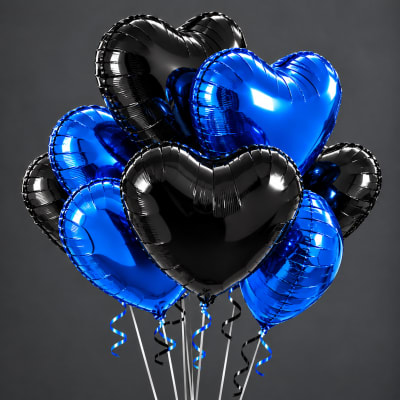 Cluster of blue and black heart-shaped balloons with curling ribbons