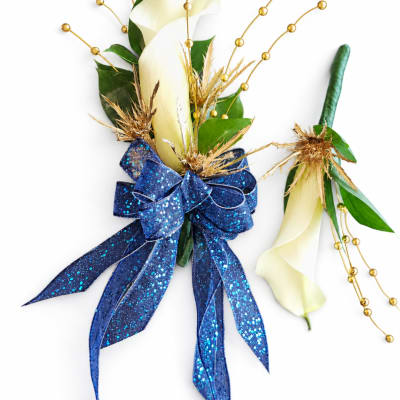 Boutonniere with white calla lily, blue ribbon, and gold bead accents