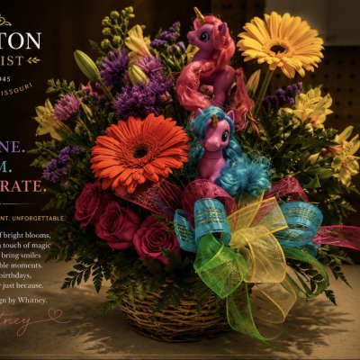 Bright mixed flower basket with two toy unicorns and a rainbow ribbon bow