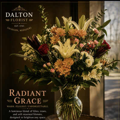 Mixed bouquet of lilies, roses, and daisies in a clear glass vase