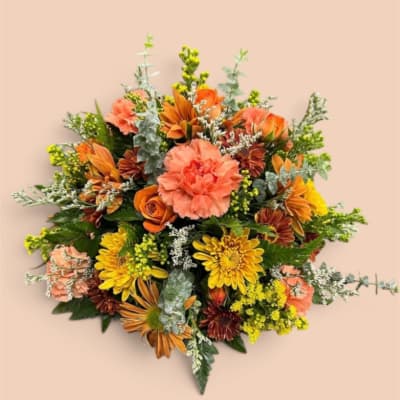 Orange and yellow mixed bouquet with carnations and chrysanthemums