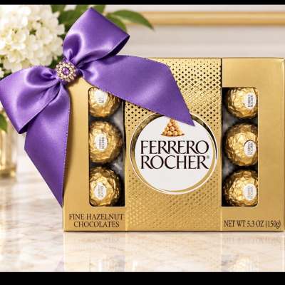 Ferrero Rocher chocolate gift box with a purple ribbon and bow