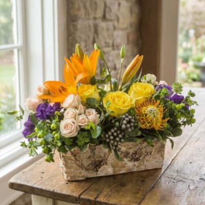 Mixed bouquet in a rustic rectangular container with orange, yellow, purple, and cream flowers