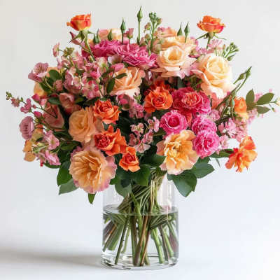 Mixed pink, peach, and orange roses in a clear glass vase