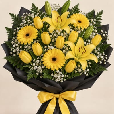 Yellow lilies and gerbera daisies in black wrap with a yellow ribbon