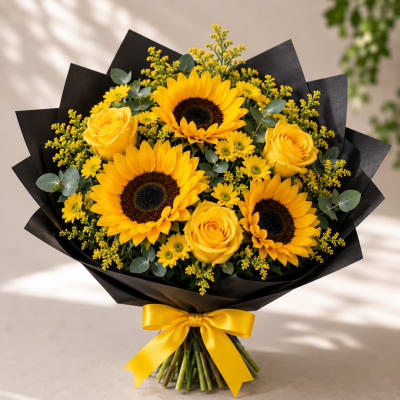 Bouquet of yellow sunflowers and roses wrapped in black paper with a yellow ribbon
