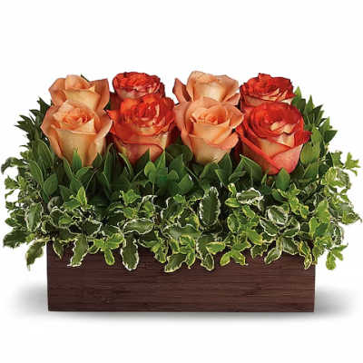 Arrangement of peach and red roses in a rectangular wooden box