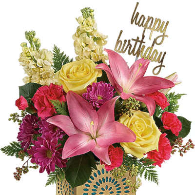 Mixed bouquet with pink lilies, yellow roses, and a birthday topper in a decorative box