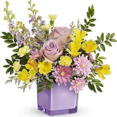 Lavender roses, yellow alstroemeria, and pink daisies in a purple vase