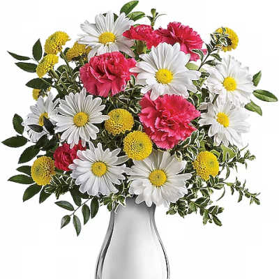 Bouquet of white daisies, pink carnations, and yellow button flowers in a silver vase