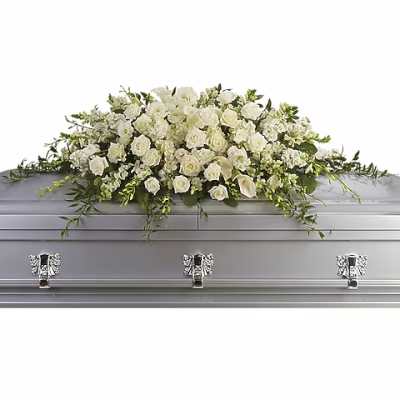 White floral casket spray with roses and calla lilies