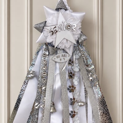 Silver senior ribbon sash with white rosette and star topper