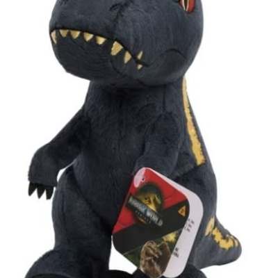 Plush dinosaur toy with dark blue body and yellow accents