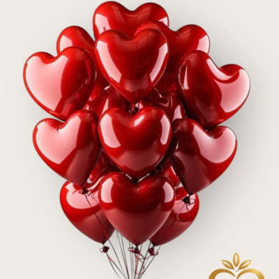 Cluster of red heart-shaped balloons tied together with strings