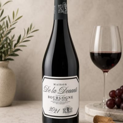 Bottle of red wine beside a glass of wine and grapes