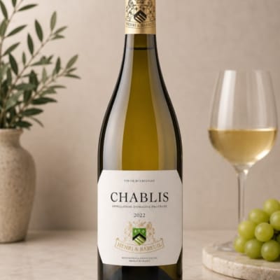 Bottle of white wine beside a glass and grapes on a table