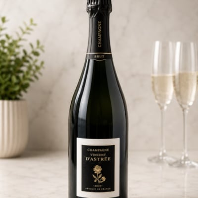 Bottle of champagne with two filled flutes beside it
