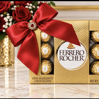 Ferrero Rocher chocolate gift box with a red bow and chocolates visible through windows