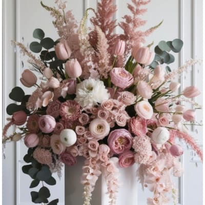 Large pink and white floral arrangement with tulips and roses