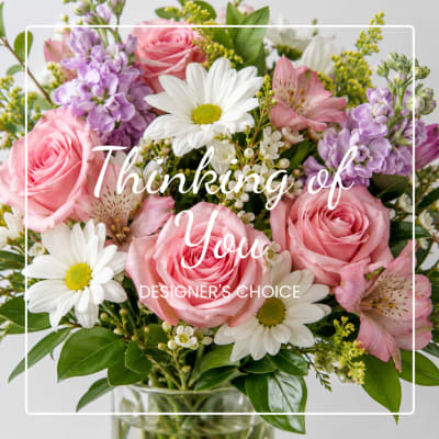 Gift card with a pink and white flower bouquet and "Thinking of You" text
