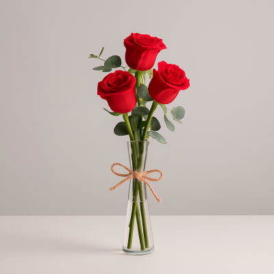 Three red roses in a clear glass vase tied with twine