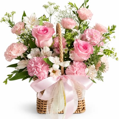 Pink and white flower arrangement in a wicker basket with a ribbon bow