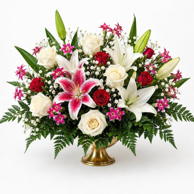 Mixed bouquet of white lilies, roses, and pink accent flowers in a gold vase