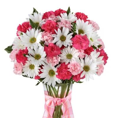 Pink carnations and white daisies in a glass vase with a pink ribbon