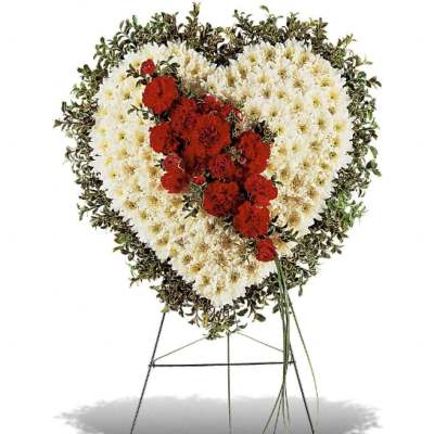Heart-shaped floral standing spray with red and white flowers