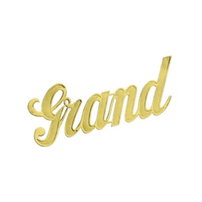 Gold script word "Grand" on a white background