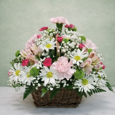 Basket arrangement with white daisies, pink carnations, spray roses, and green button poms