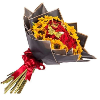 Bouquet of red roses and yellow sunflowers wrapped in dark paper