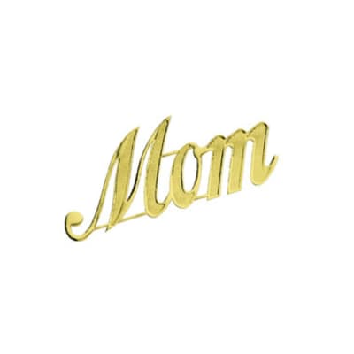 Gold script word "Mom" on a white background